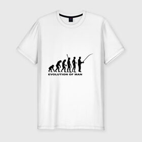 Мужская футболка премиум с принтом Рыбак. Эволюция , 92% хлопок, 8% лайкра | приталенный силуэт, круглый вырез ворота, длина до линии бедра, короткий рукав | рыба | рыбак | рыбалка | удочка | эволюция
