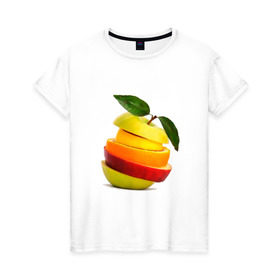 Женская футболка хлопок с принтом мега яблоко , 100% хлопок | прямой крой, круглый вырез горловины, длина до линии бедер, слегка спущенное плечо | апельсин | брызги | вода | лимон | фрукты | яблоко