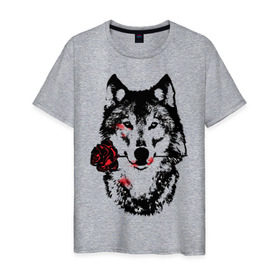 Мужская футболка хлопок с принтом Модный дизайн - Волк и Роза , 100% хлопок | прямой крой, круглый вырез горловины, длина до линии бедер, слегка спущенное плечо. | Тематика изображения на принте: волки | модный дизайн   волк и роза | прикольные картинки | роза | цветы