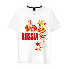 Мужская футболка хлопок с принтом Россия , 100% хлопок | прямой крой, круглый вырез горловины, длина до линии бедер, слегка спущенное плечо. | жар | золотая | металл | патриот | птица | россия | русский