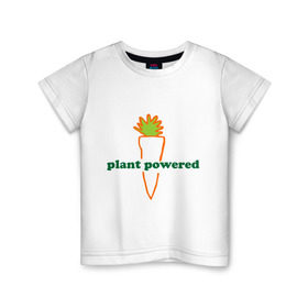 Детская футболка хлопок с принтом Vegetarian plant powered , 100% хлопок | круглый вырез горловины, полуприлегающий силуэт, длина до линии бедер | carrot | plant | power | vegan. vegeterian | веган | вегетарианец | заряжен | морковь | овощи | растение | сила | фрукты
