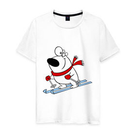 Мужская футболка хлопок с принтом Мишка на лыжах. , 100% хлопок | прямой крой, круглый вырез горловины, длина до линии бедер, слегка спущенное плечо. | белый | зима | лыжи | медведь | мишка | новый год