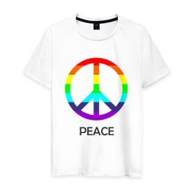 Мужская футболка хлопок с принтом Мир (Peace). Пацифик , 100% хлопок | прямой крой, круглый вырез горловины, длина до линии бедер, слегка спущенное плечо. | (peace) | венок | знак | на картинке изображен знак пацифик и надпись peace   мирмир | пацифик | пис