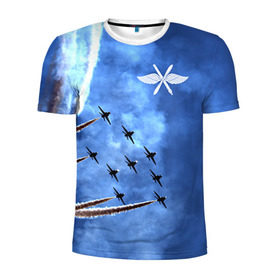 Мужская футболка 3D спортивная с принтом Самолеты в небе , 100% полиэстер с улучшенными характеристиками | приталенный силуэт, круглая горловина, широкие плечи, сужается к линии бедра | Тематика изображения на принте: авиатор | авиация | ввс | герб | летчику | небо | самолет | флаг