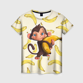 Женская футболка 3D с принтом Обезьяна с бананом , 100% полиэфир ( синтетическое хлопкоподобное полотно) | прямой крой, круглый вырез горловины, длина до линии бедер | мартышка | обезьяна