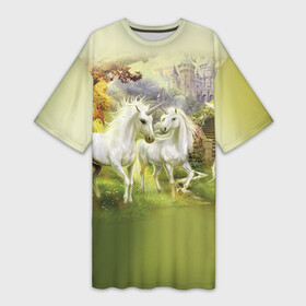 Платье-футболка 3D с принтом Единороги ,  |  | horse | horseshoe | акварель | головалошади | грива | единорог | жеребец | животные | конь | лошадь | лошадьскрыльями | подкова | природа | рисуноккрасками