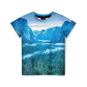Детская футболка 3D с принтом Горный пейзаж , 100% гипоаллергенный полиэфир | прямой крой, круглый вырез горловины, длина до линии бедер, чуть спущенное плечо, ткань немного тянется | горный хребет | горы | каньон | лес | пейзаж | речка | туман | ущелье