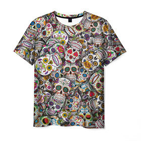 Мужская футболка 3D с принтом Мексиканские черепа , 100% полиэфир | прямой крой, круглый вырез горловины, длина до линии бедер | Тематика изображения на принте: calavera | sugar skull | день мертвых | мексика | традиция | узоры | цветы