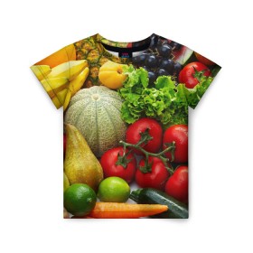 Детская футболка 3D с принтом Богатый урожай , 100% гипоаллергенный полиэфир | прямой крой, круглый вырез горловины, длина до линии бедер, чуть спущенное плечо, ткань немного тянется | Тематика изображения на принте: апельсин | баклажан | банан | богатый урожай | виноград | горох | еда | кабачок | капуста | картофель | лимон | морковь | овощи | огурец | перец | персик | помидор | слива | сочные плоды | томат | тыква