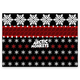 Поздравительная открытка с принтом Праздничный Arctic Monkeys , 100% бумага | плотность бумаги 280 г/м2, матовая, на обратной стороне линовка и место для марки
 | алекс тёрнер | арктик | арктические мартышки | гаражный | группа | джейми кук | знак | инди рок | красный | м | манкис | музыка | надпись | ник о мэлли | новогодний | новый год | обезьяна