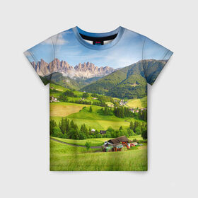 Детская футболка 3D с принтом Альпы , 100% гипоаллергенный полиэфир | прямой крой, круглый вырез горловины, длина до линии бедер, чуть спущенное плечо, ткань немного тянется | австрия | альпы | германия | горный хребет | горы | италия | красота | лес | лихтенштейн | луг | пейзаж | природа | простор | раздолье | словения | франция | швейцария