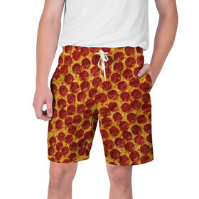 Мужские шорты 3D с принтом Пицца пепперони ,  полиэстер 100% | прямой крой, два кармана без застежек по бокам. Мягкая трикотажная резинка на поясе, внутри которой широкие завязки. Длина чуть выше колен | pepperoni | pizza | еда | колбаса | мясо | пица | сардельки | сыр | фастфуд