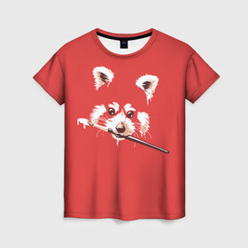 Женская футболка 3D с принтом Красная панда , 100% полиэфир ( синтетическое хлопкоподобное полотно) | прямой крой, круглый вырез горловины, длина до линии бедер | енот | кисть | лиса | малая панда | художник