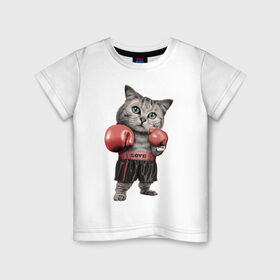 Детская футболка хлопок с принтом Кот боксёр , 100% хлопок | круглый вырез горловины, полуприлегающий силуэт, длина до линии бедер | Тематика изображения на принте: боец | бокс | боксёр | кот | котёнок | кошак | кошка | кулак | спорт | шорты