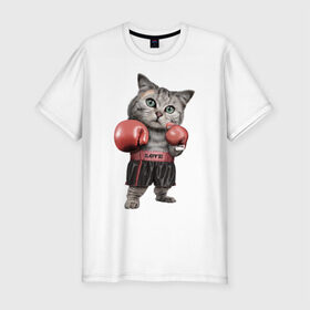 Мужская футболка премиум с принтом Кот боксёр , 92% хлопок, 8% лайкра | приталенный силуэт, круглый вырез ворота, длина до линии бедра, короткий рукав | боец | бокс | боксёр | кот | котёнок | кошак | кошка | кулак | спорт | шорты