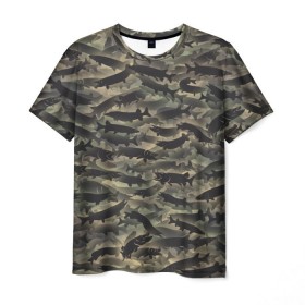 Мужская футболка 3D с принтом Камуфляж с щуками , 100% полиэфир | прямой крой, круглый вырез горловины, длина до линии бедер | Тематика изображения на принте: камуфляж | милитари | паттерн | рыба | рыбак | рыбалка | рыбина | улов | хаки | щука