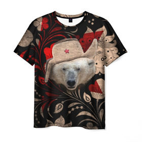 Мужская футболка 3D с принтом Медведь в ушанке , 100% полиэфир | прямой крой, круглый вырез горловины, длина до линии бедер | Тематика изображения на принте: звезда | мишка | патриот | роспись | русский | русь | сибирь | ссср | хохлома | шапка