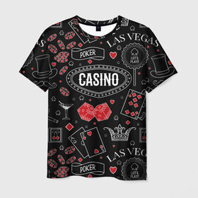 Мужская футболка 3D с принтом Казино , 100% полиэфир | прямой крой, круглый вырез горловины, длина до линии бедер | casi | азарт | америка | белый | город | графика | давай | игра | играть | игрок | иллюстрация | искусство | казино | картинка | карты | корона | красный | кубики | лас вегас | масти | мода | орнамент | покер