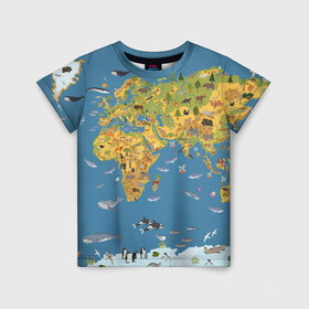 Детская футболка 3D с принтом Карта мира , 100% гипоаллергенный полиэфир | прямой крой, круглый вырез горловины, длина до линии бедер, чуть спущенное плечо, ткань немного тянется | азия | акулы | америка | антарктида | бизон | волк | европа | животные | зебра | кабан | карта | киты | лама | лев | лось | материки | медведь | мира | моржи | моря | океаны | пингвины | птицы | реки | рыбы