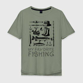 Мужская футболка хлопок Oversize с принтом Моя любимая рыбалка , 100% хлопок | свободный крой, круглый ворот, “спинка” длиннее передней части | cap | coil | fishing | fishing line | float | hook | pike | spinning | spoon | trout | wellingtons | блесна | катушка | крючок | леска | поплавок | рыбалка | сапоги | спиннинг | форель | шляпа | щука
