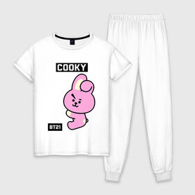 Женская пижама хлопок с принтом COOKY BT21 , 100% хлопок | брюки и футболка прямого кроя, без карманов, на брюках мягкая резинка на поясе и по низу штанин | bt21 | bts | chimmy | cooky | koya | love yourself. | mang | rj | shooky | tata | бт21 | бтс