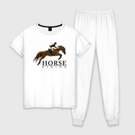 Женская пижама хлопок с принтом HORSE RIDING , 100% хлопок | брюки и футболка прямого кроя, без карманов, на брюках мягкая резинка на поясе и по низу штанин | животные | конный спорт | конь | лошадь | наездник | спорт | стикер