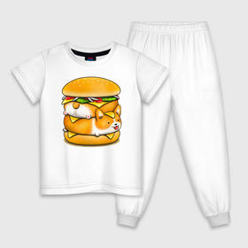 Детская пижама хлопок с принтом Корги , 100% хлопок |  брюки и футболка прямого кроя, без карманов, на брюках мягкая резинка на поясе и по низу штанин
 | art | burger | chees | corgi | dog | арт | бургер | еда | корги | миска | собака | сыр | чизбургер