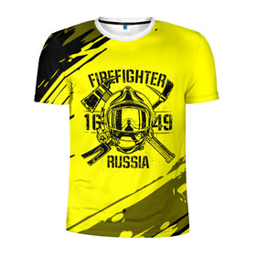 Мужская футболка 3D спортивная с принтом FIREFIGHTER 1649 RUSSIA , 100% полиэстер с улучшенными характеристиками | приталенный силуэт, круглая горловина, широкие плечи, сужается к линии бедра | Тематика изображения на принте: 112 | firefighter | багор | герб | гкчс | желтая | знак | лого | логотип | мчс | мчсник | пожарная охрана | пожарник | пожарный | пч | россии | рф | серая | символ | служба | спасатель | спасения | топор | флаг