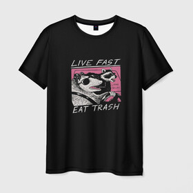 Мужская футболка 3D с принтом Live fast Eat trash , 100% полиэфир | прямой крой, круглый вырез горловины, длина до линии бедер | eat | fast | live | snap | snap collection | trash | быстро | еда | енот | жизнь | мода | мусор | опоссум | очки