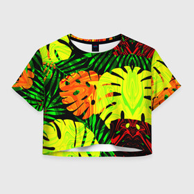 Женская футболка Crop-top 3D с принтом ЛИСТЬЯ  , 100% полиэстер | круглая горловина, длина футболки до линии талии, рукава с отворотами | summer | джунгли | зелень | кислотный | лесной | летний принт | лето | листья папоротника | огненный | пальмовые листья | пальмы | папоротник | свежий | стильный | тренд | тропики | тропический камуфляж