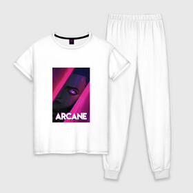 Женская пижама хлопок с принтом Arcane (Neon) , 100% хлопок | брюки и футболка прямого кроя, без карманов, на брюках мягкая резинка на поясе и по низу штанин | arcane | jinx | league of legends | neon | рисунок