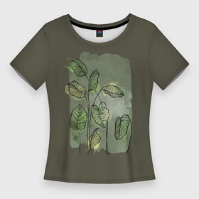 Женская футболка 3D Slim с принтом Нежные акварельные листья ,  |  | акварель | акварельный | болотный | живописный | зеленый | камуфляж | камуфляжный | куст | кусты | лесной | летний | лето | листья | нежный | пейзаж | пятна | растения | узор | хаки